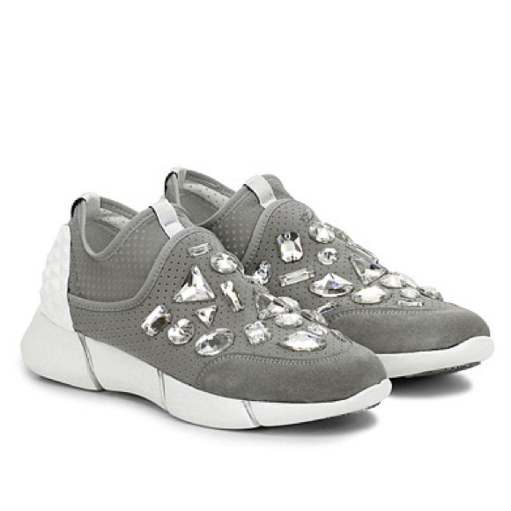 New Elena Iachi Mesh Suede Crystal Rhinestone Sneakers Gray Sz 36